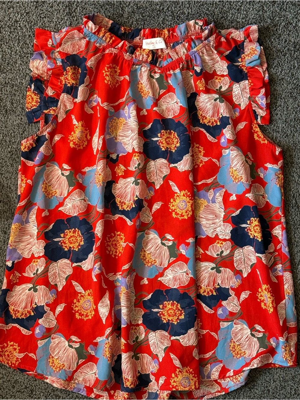 S- Floral Ruffle Mock-Neck Shell Top - Red Floral - Picture 2 of 7